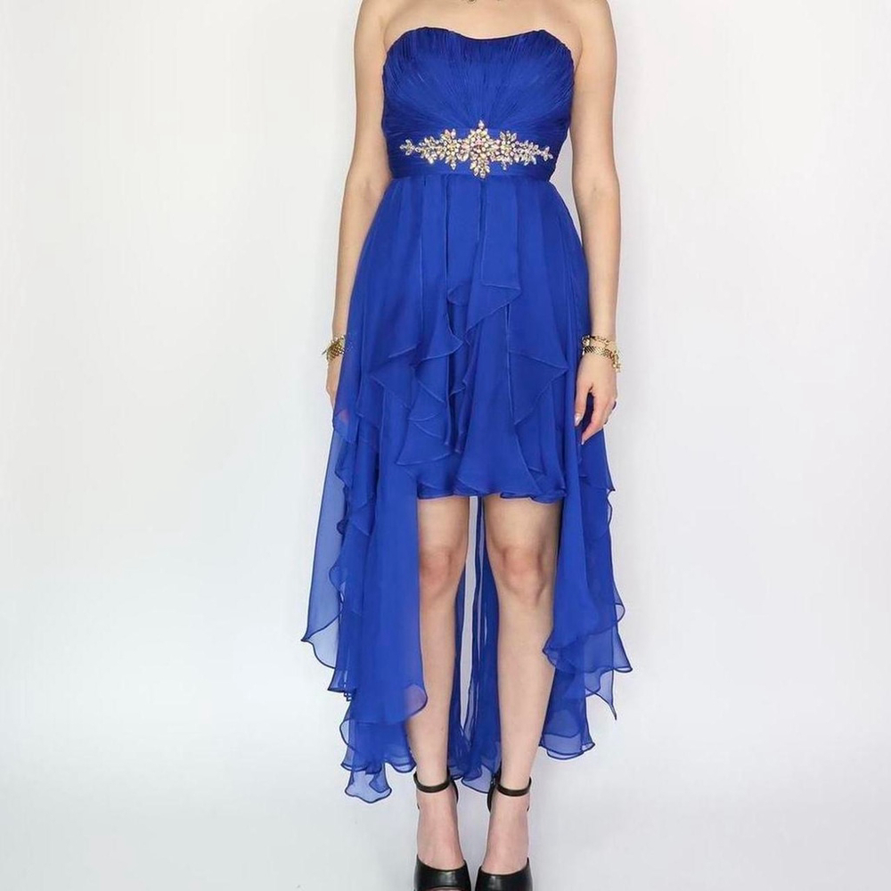 Royal blue strapless chiffon dress with gold beaded belt and layered high-low he
